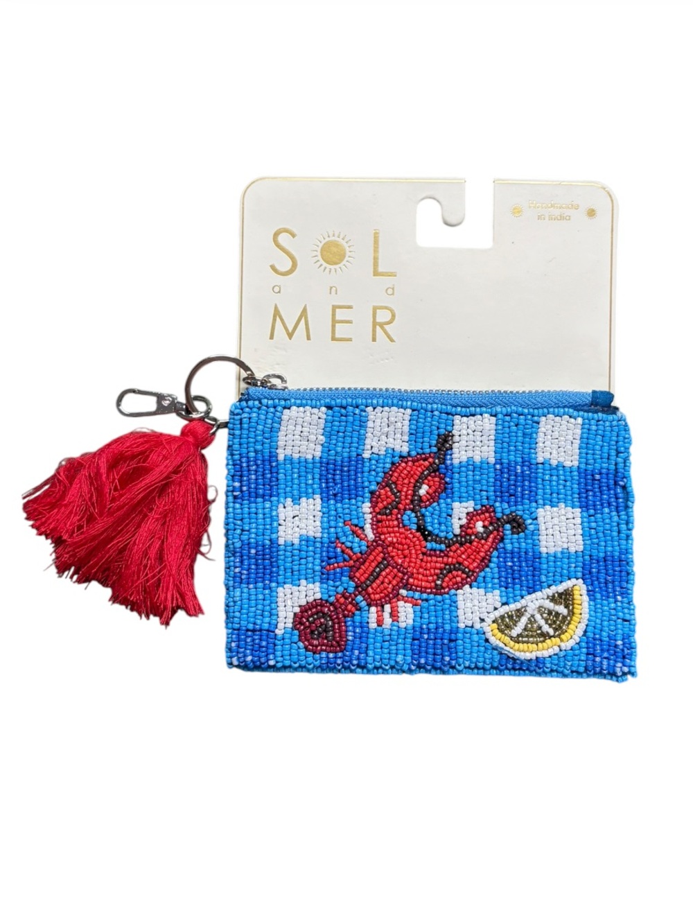 Wandering Moon Blue Beaded Lobster Coin Pouch with Red Tassel